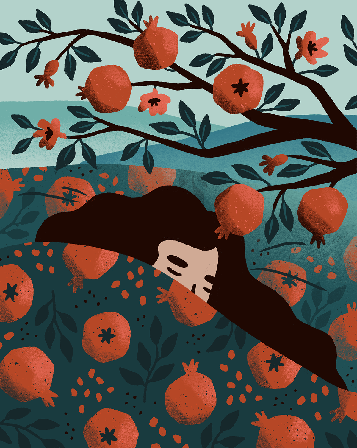 Sasha Kolesnik_ female portrait with pomegranates_illustration