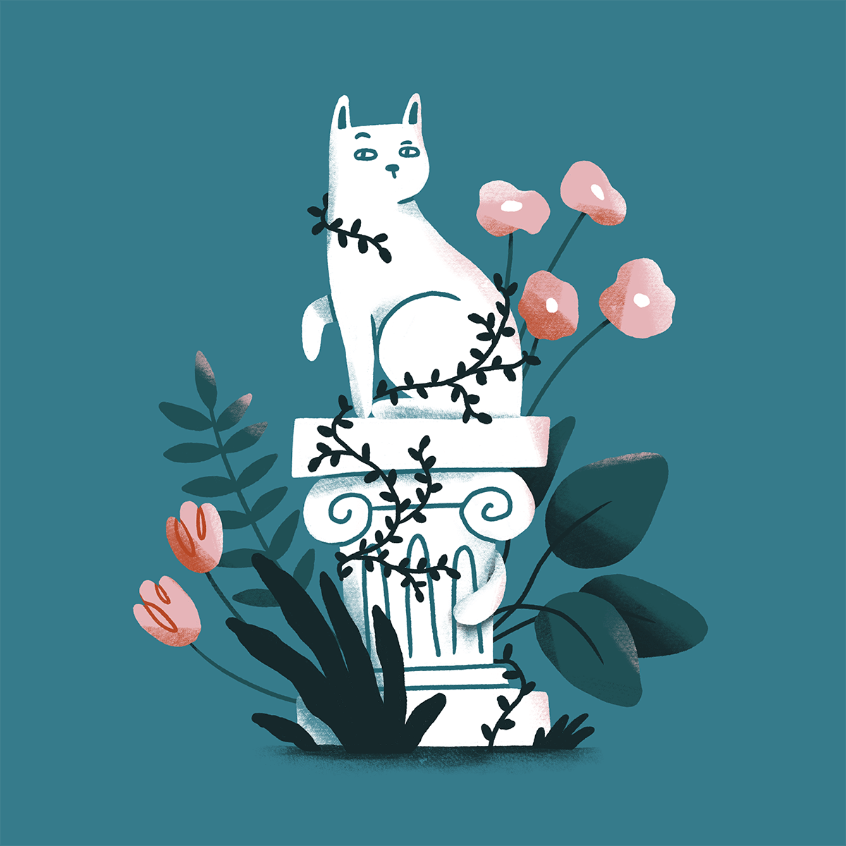 Sasha Kolesnik_cat garden statue_illustration